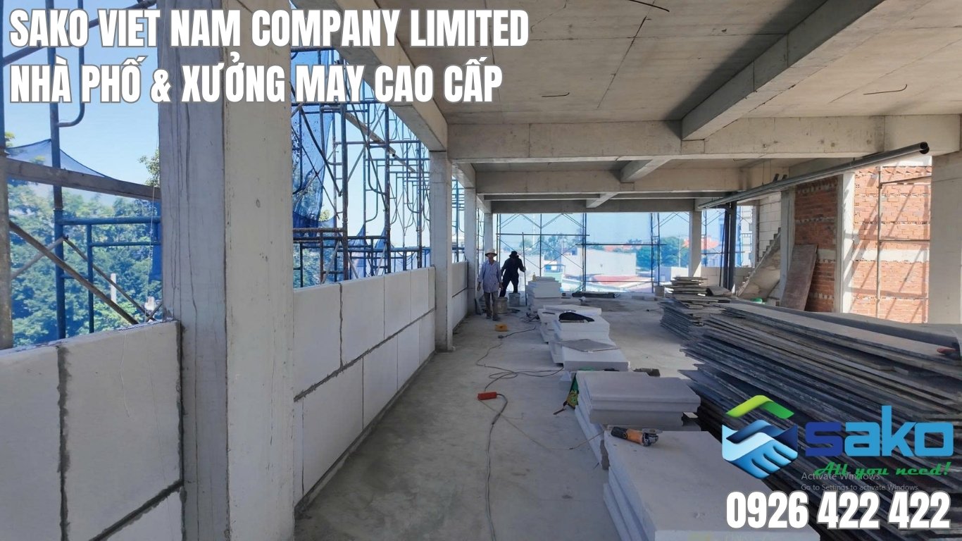 Bê tông khí xây nhà 5 tầng kết hợp xưởng may cao cấp tại Bình Chánh